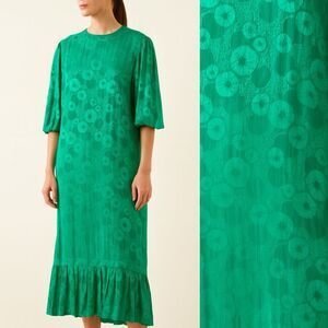 LOUIS FERAUD x Neiman Marcus Green Floral Print Pleated Hem Midi Dress S…